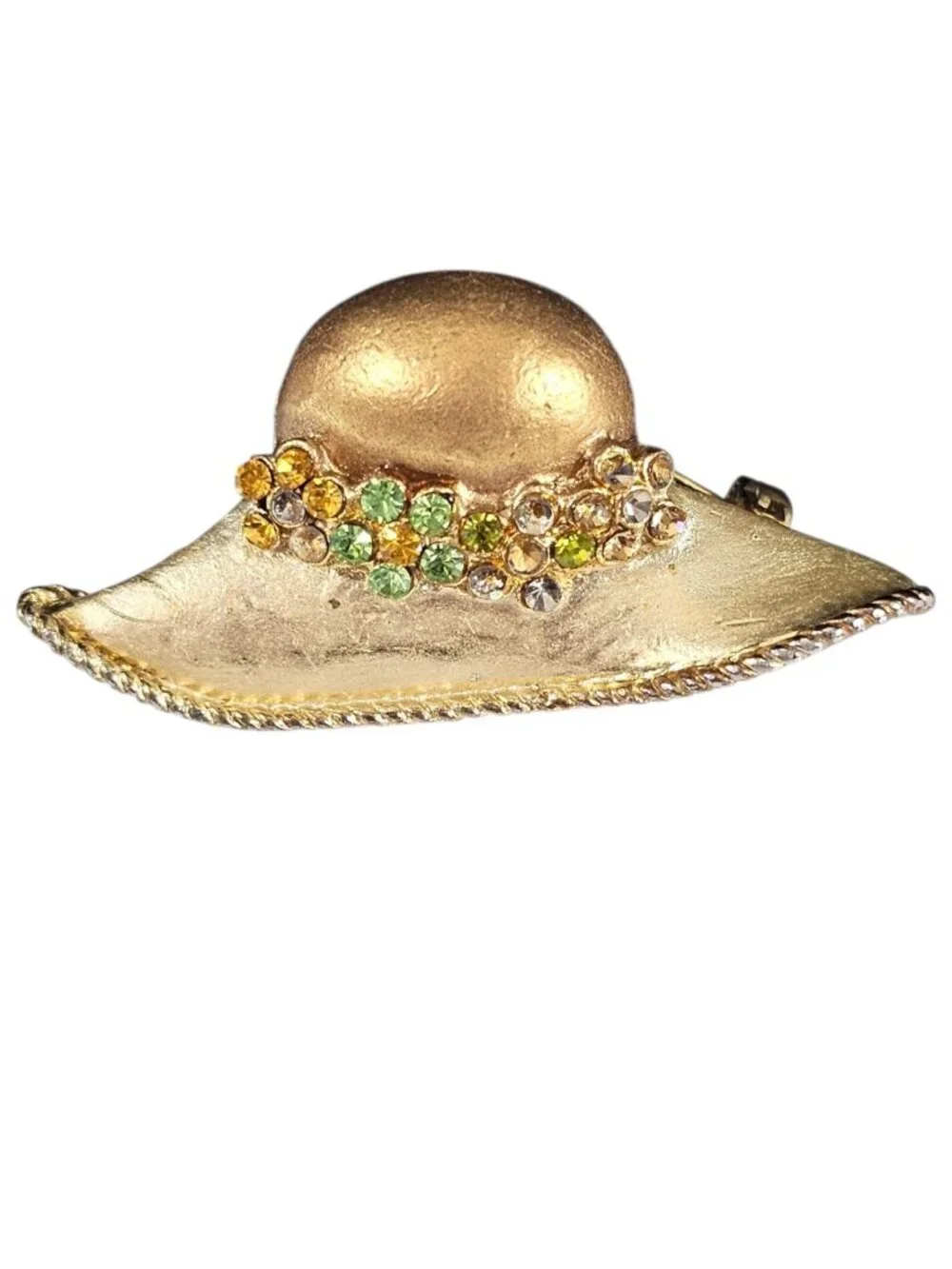 Gold Tone Hat Brooch Pin With Green & Gold Crystal Rhinestone Flowers Vintage